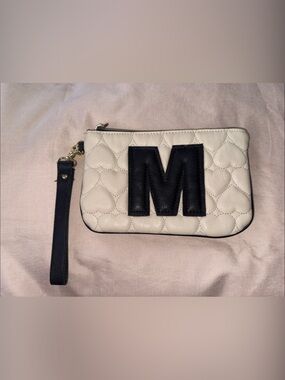 Betsey Johnson Cream Quilted Wristlet Clutch with Black 'M' Accent